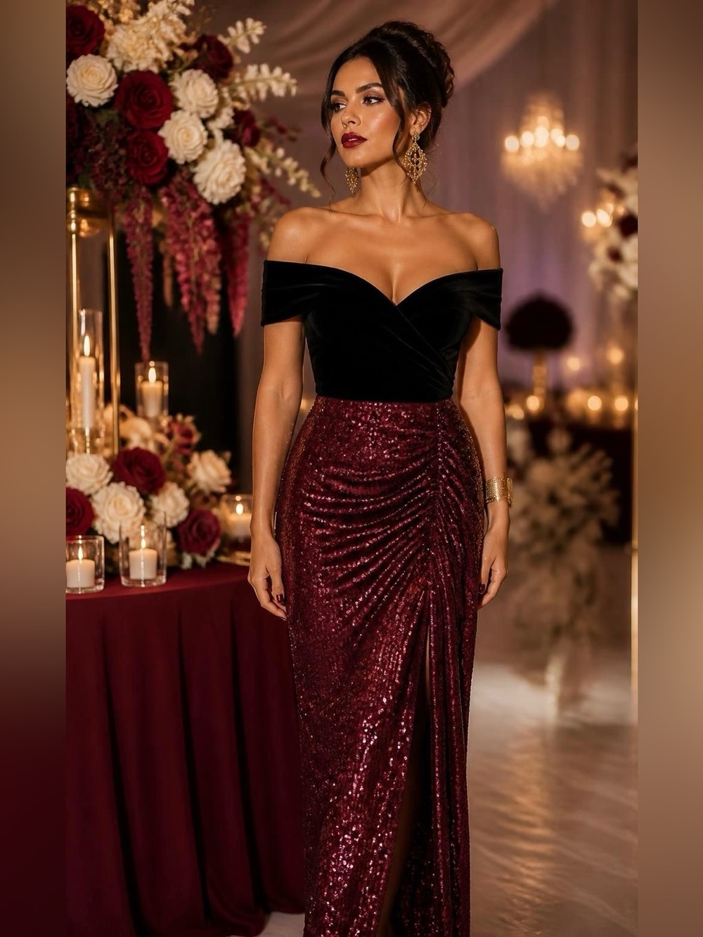 Wildfox Burgundy Sequin Ruched Midi Skirt